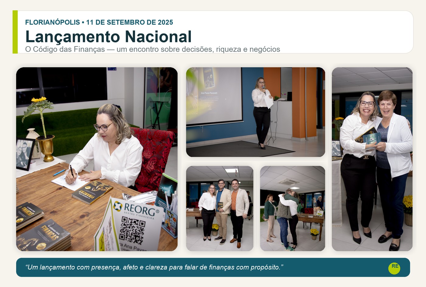 Mosaico do lançamento do livro O Código das Finanças em Florianópolis