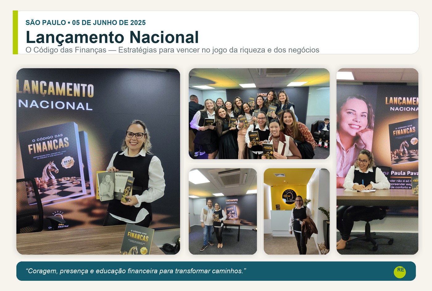 Mosaico do lançamento do livro O Código das Finanças em São Paulo
